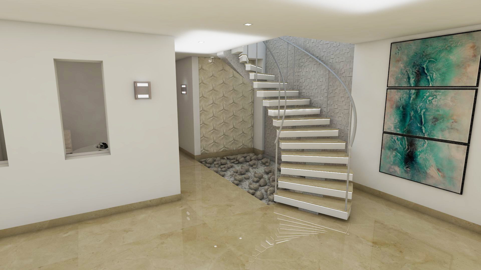Escalera interior de vivienda unifamiliar — render 3