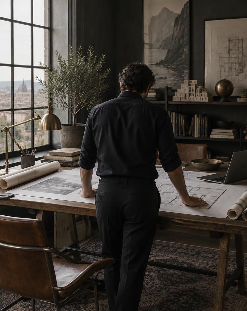 Arquitecto en su estudio, frente a una mesa de dibujo